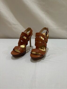 Marc Fisher Genuine Leather Platform Strappy Heels Cognac Brown Size 9M NWT